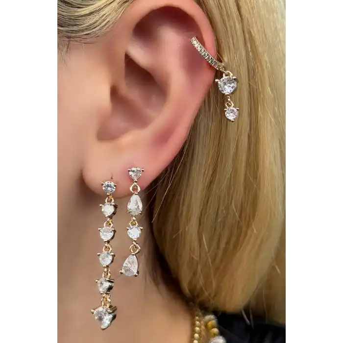 Altın Renk Taş Detaylı VİP 3lü YSX Küpe Set