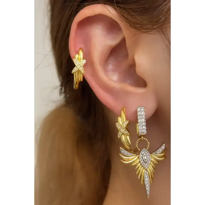 Altın Renk Taş Detaylı VİP 3lü YSX Küpe Set