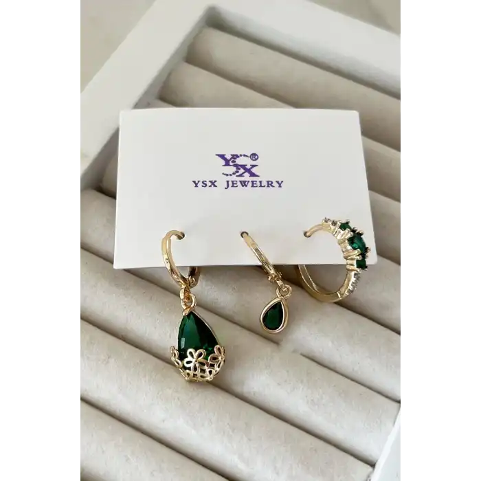 Altın Renk Taş Detaylı VİP 3lü YSX Küpe Set