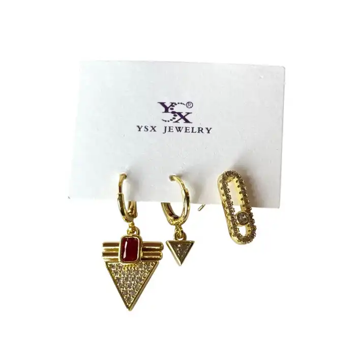 Altın Renk Taş Detaylı VİP 3lü YSX Küpe Set