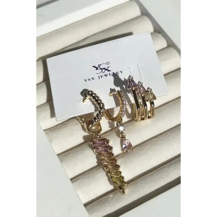 Altın Renk Taş Detaylı VİP 3lü YSX Küpe Set