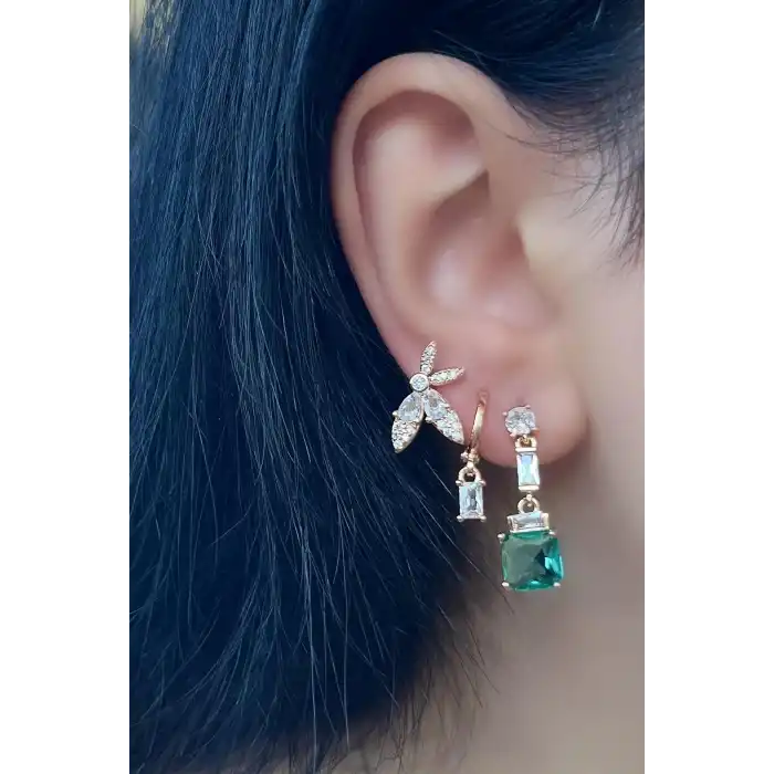 Altın Renk Taş Detaylı VİP 3lü YSX Küpe Set