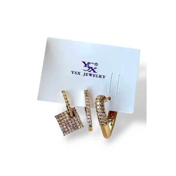 Altın Renk Taş Detaylı VİP 3lü YSX Küpe Set