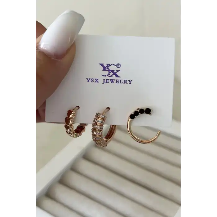 Altın Renk Taş Detaylı VİP 3lü YSX Küpe Set