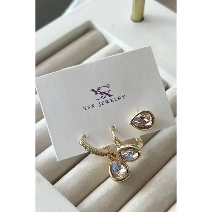 Altın Renk Taş Detaylı VİP 3lü YSX Küpe Set