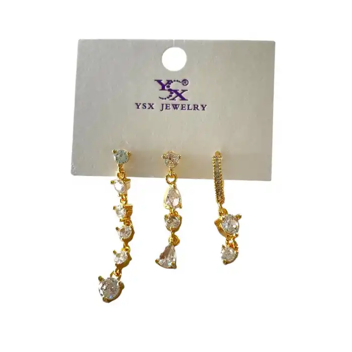 Altın Renk Taş Detaylı VİP 3lü YSX Küpe Set