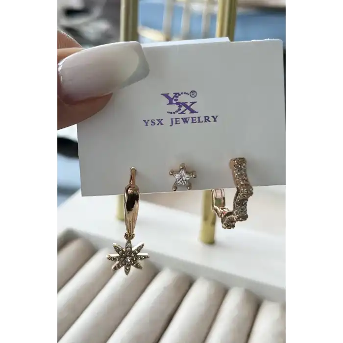 Altın Renk Taş Detaylı VİP 3lü YSX Küpe Set
