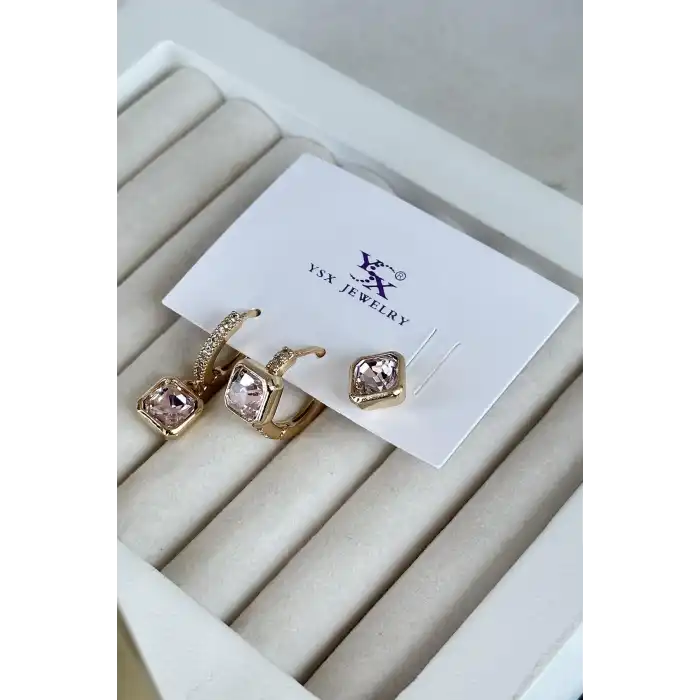 Altın Renk Taş Detaylı VİP 3lü YSX Küpe Set