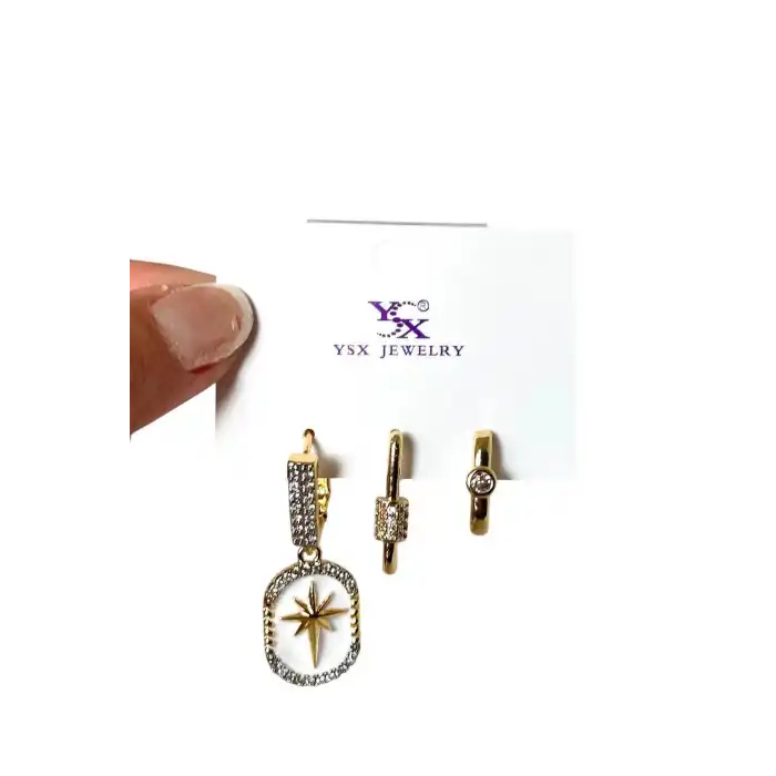 Altın Renk Taş Detaylı VİP 3lü YSX Küpe Set