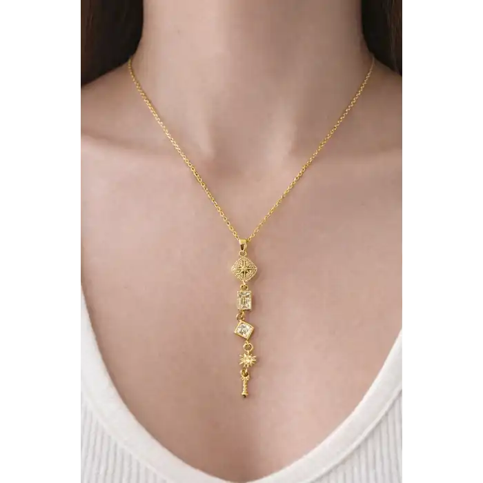 Altın Renk Taş Detaylı Y Kolye