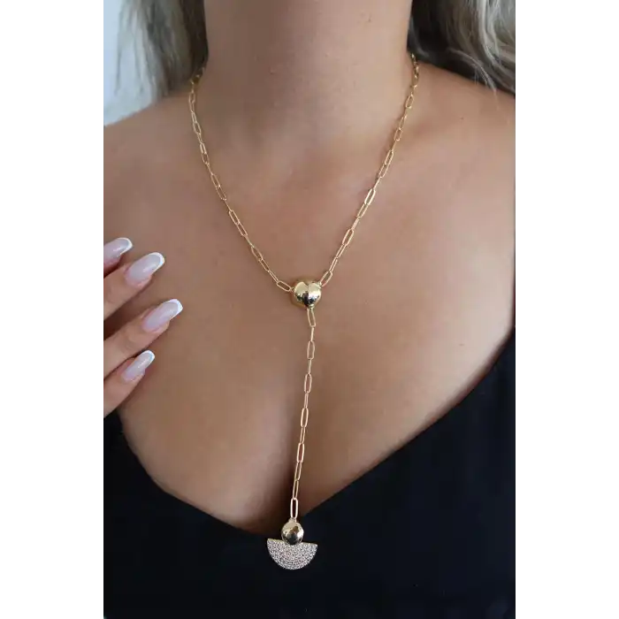 Altın Renk Taş Detaylı Y Kolye