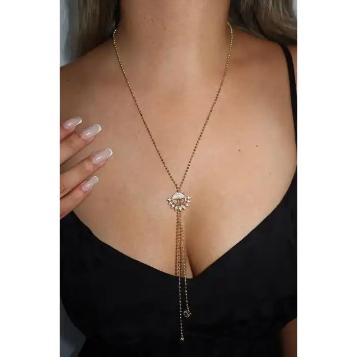 Altın Renk Taş Detaylı Y Kolye