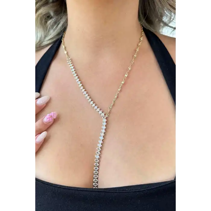 Altın Renk Taş Detaylı Y Kolye