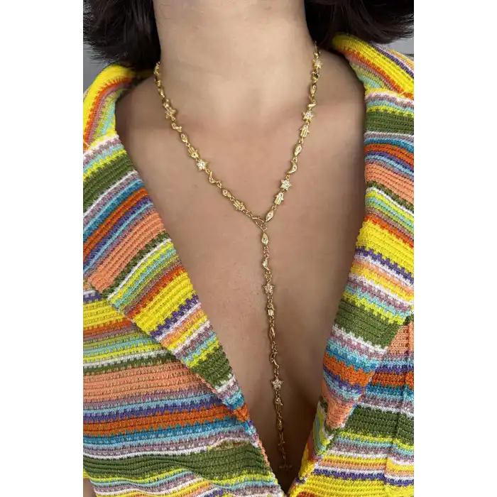 Altın Renk Taş Detaylı Y Kolye