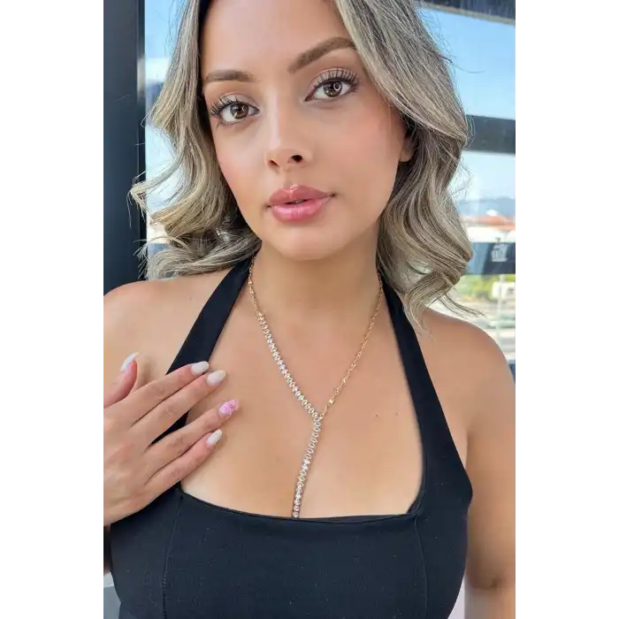 Altın Renk Taş Detaylı Y Kolye