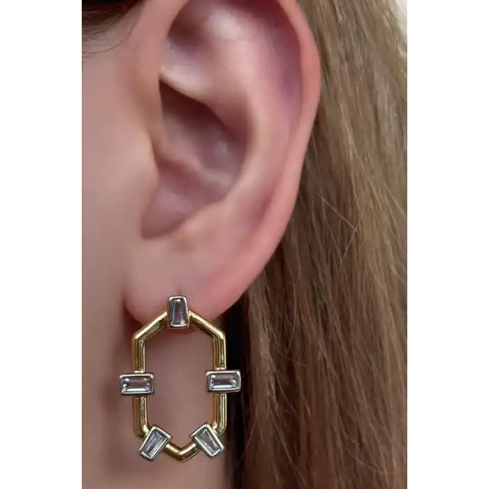 Altın Renk Taş Detaylı YSX Küpe (Çift)