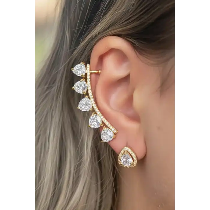 Altın Renk Taş Detaylı14K Altın Kaplama TX Ear Cuff Ve Küpe Set(Tek)
