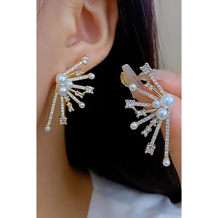 Altın Renk Taş Ve İnci Detaylı 14K Altın Kaplama Küpe (Çift)