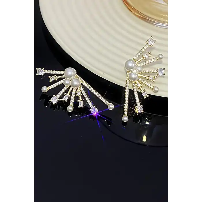 Altın Renk Taş Ve İnci Detaylı 14K Altın Kaplama Küpe (Çift)