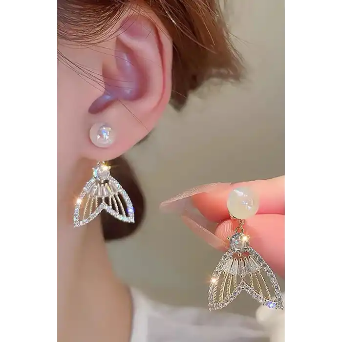 Altın Renk Taş Ve İnci Detaylı 14K Altın Kaplama Küpe (Çift)