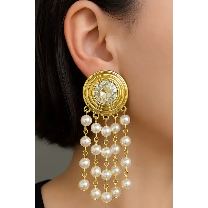 Altın Renk Taş Ve İnci Detaylı Tasarım Küpe (Çift)