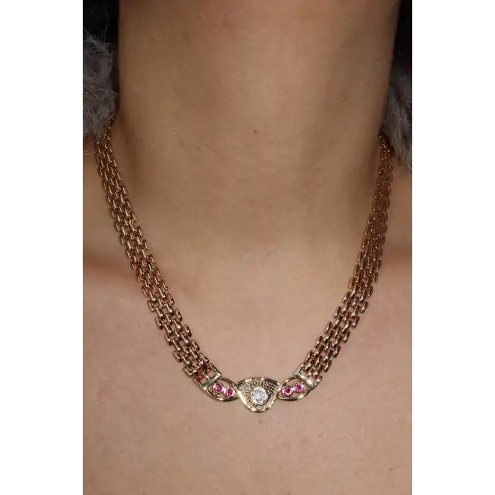 Altın Renk Taşlı Zincir Detaylı VİP YSX Kolye