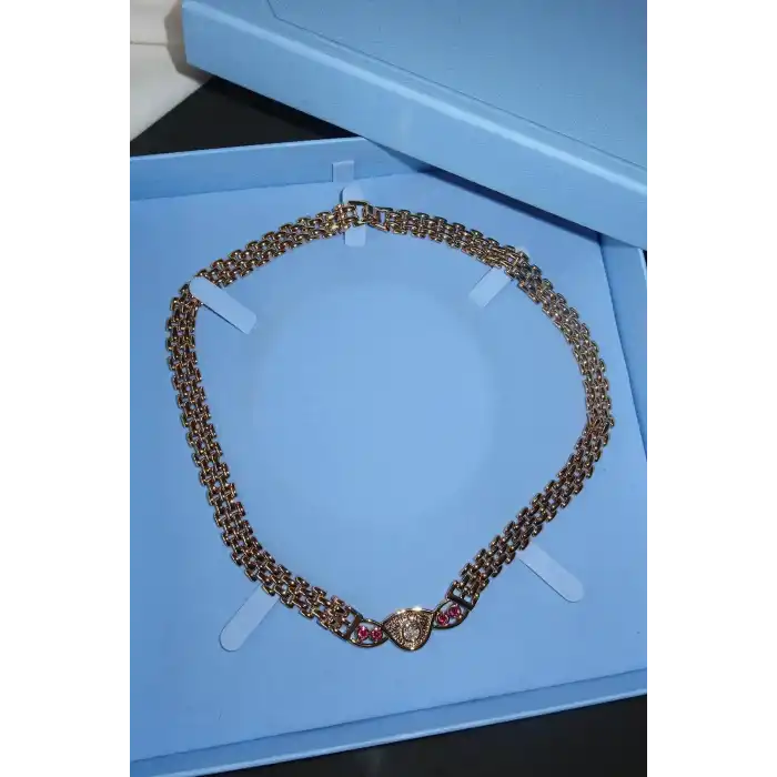 Altın Renk Taşlı Zincir Detaylı VİP YSX Kolye