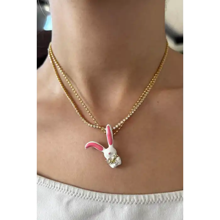 Altın Renk Tavşan Figürlü Taş Detaylı 14K Altın Kaplama TX Kolye