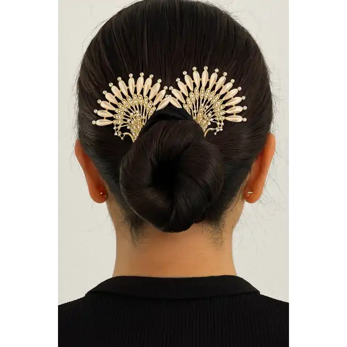 Altın Renk Tavus Kuşu Figürlü Taş Detaylı Topuz Tokası