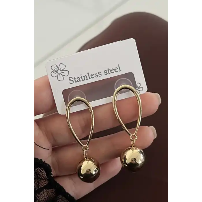 Altın Renk Top Detaylı Çelik Küpe (Çift)