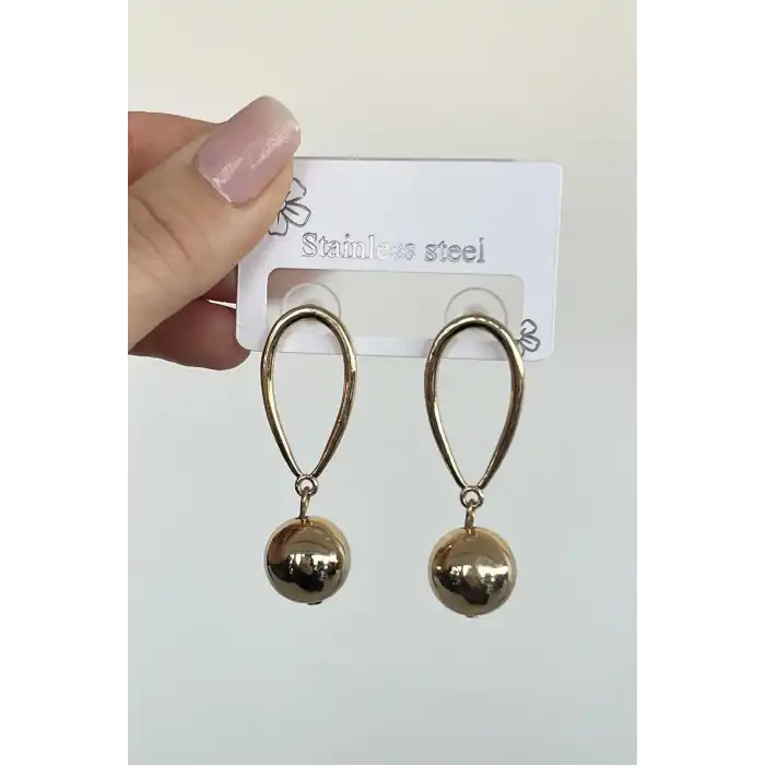 Altın Renk Top Detaylı Çelik Küpe (Çift)