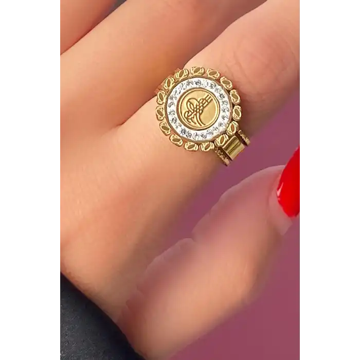 Altın Renk Tuğra Figürlü Ayarlanabilir Çelik Yüzük