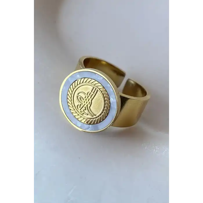 Altın Renk Tuğra Figürlü Ayarlanabilir Çelik Yüzük