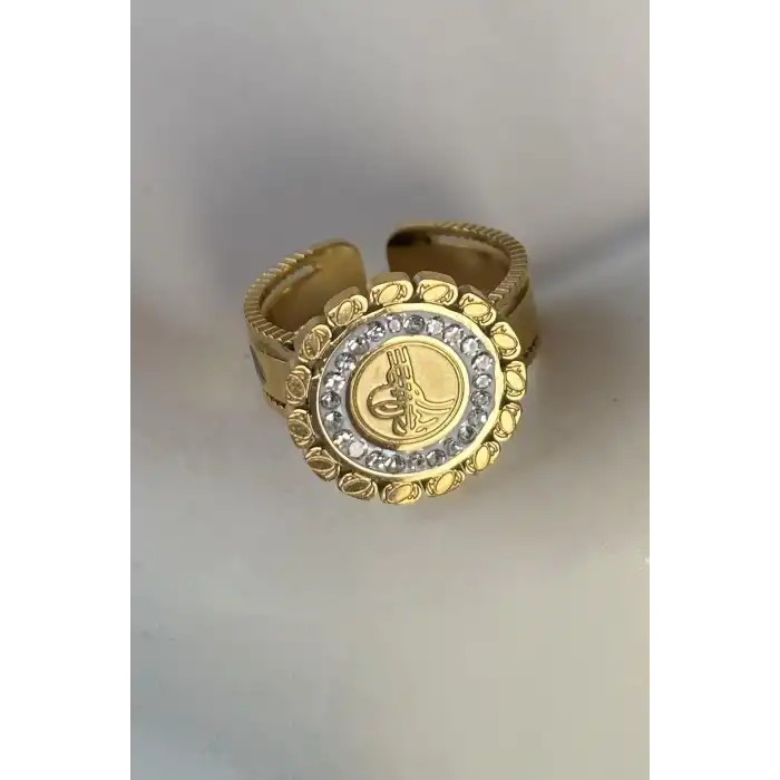 Altın Renk Tuğra Figürlü Ayarlanabilir Çelik Yüzük