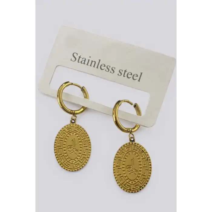 Altın Renk Tuğra Figürlü Çelik Küpe (Çift)