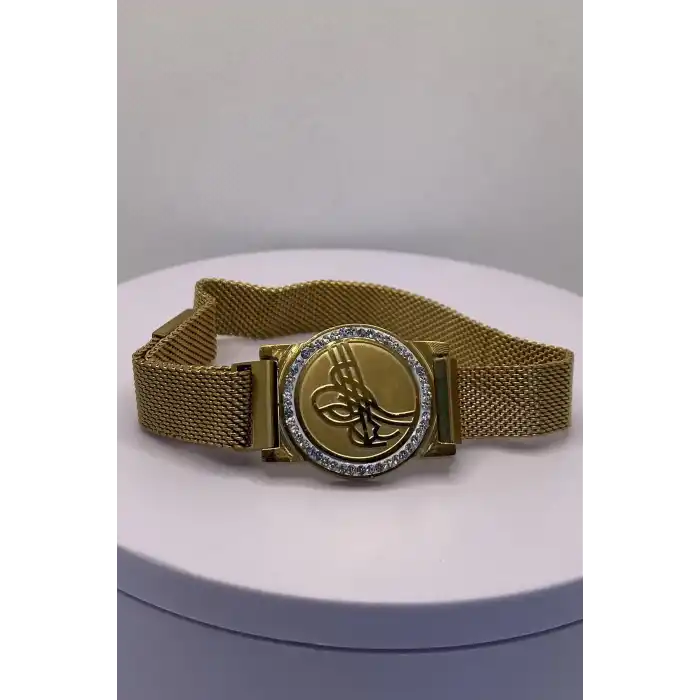 Altın Renk Tuğra Figürlü Hasır Kordonlu Çelik Bileklik