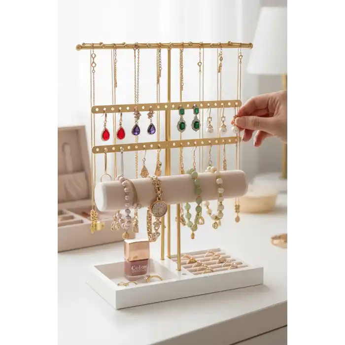 Altın Renk Üç Katlı Saat/Bileklik Takı Standı