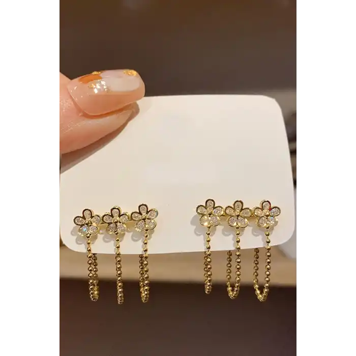 Altın Renk Üçlü Delik Görünümlü 14k Altın Kaplama Küpe (Çift)