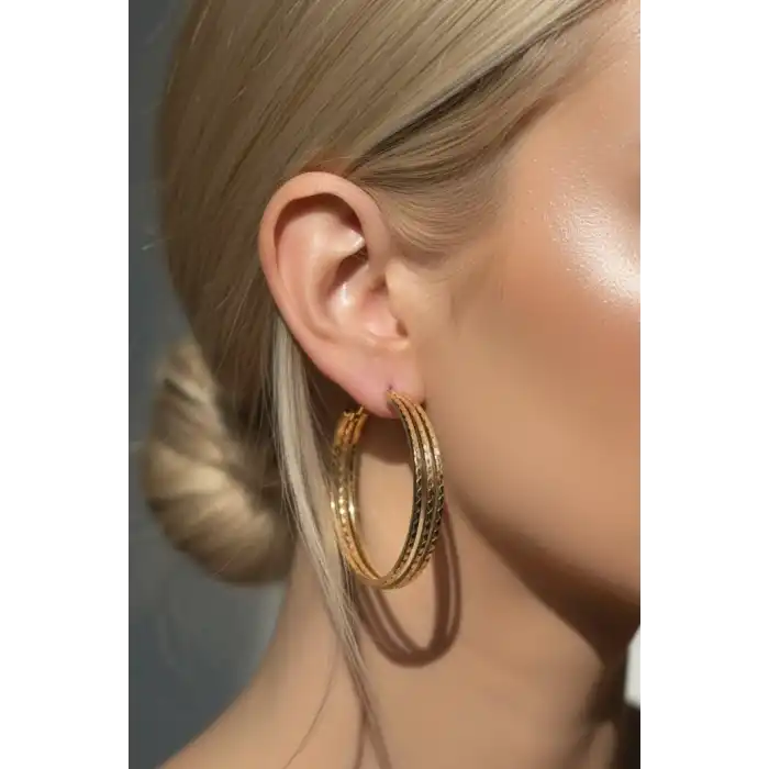 Altın Renk Üçlü Görünümlü Halka Küpe (Çift)