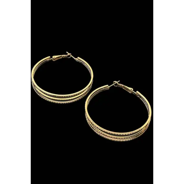 Altın Renk Üçlü Görünümlü Halka Küpe (Çift)