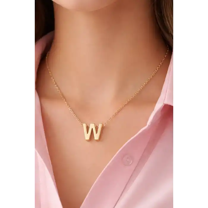 Altın Renk W Harf Çelik Kolye