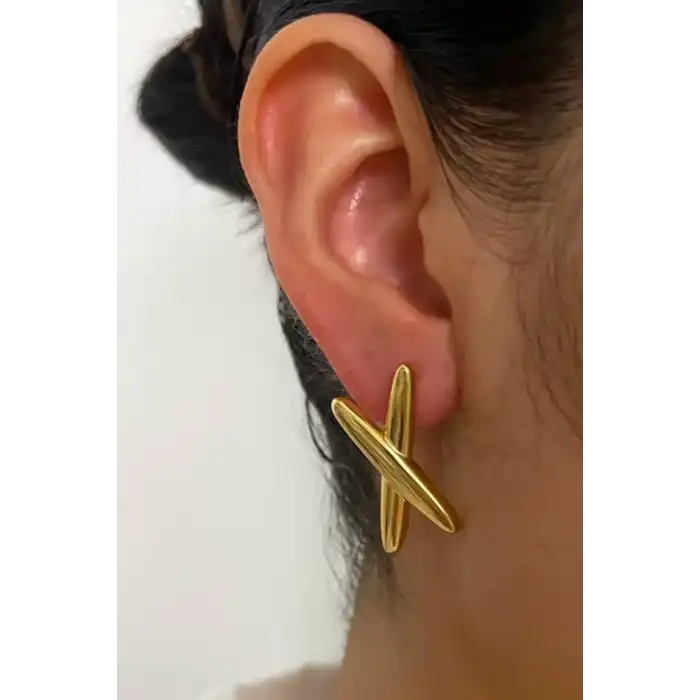 Altın Renk X Figürlü Çelik Küpe (Çift)