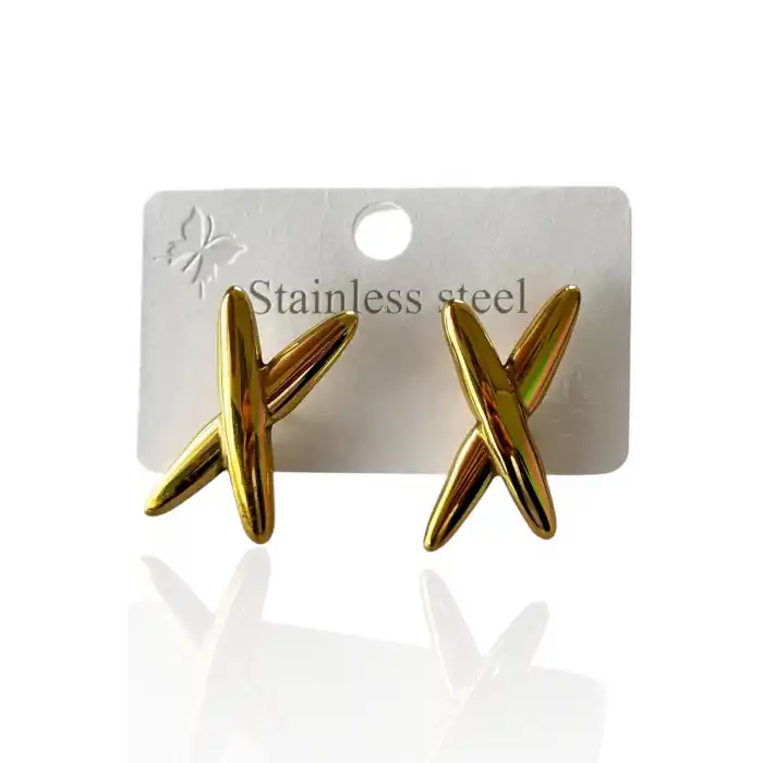 Altın Renk X Figürlü Çelik Küpe (Çift)