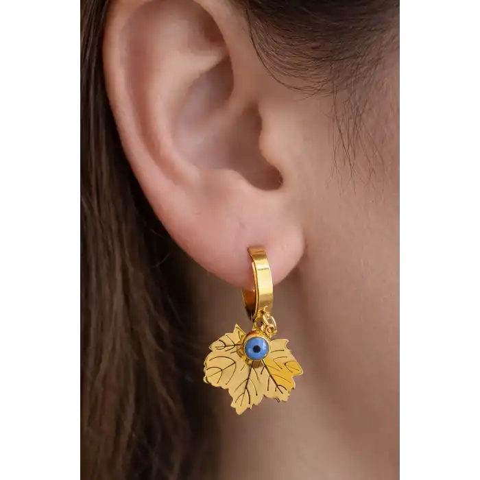 Altın Renk Yaprak Detaylı Çelik Küpe (Çift)