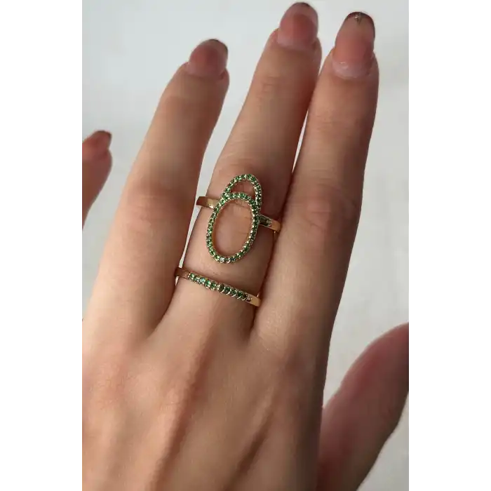 Altın Renk Yeşil Taş Detaylı Ayarlanabilir Çelik Yüzük