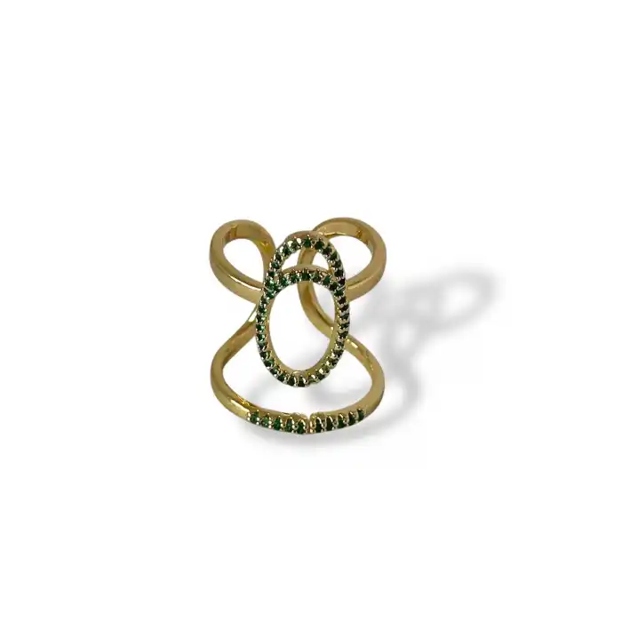 Altın Renk Yeşil Taş Detaylı Ayarlanabilir Çelik Yüzük