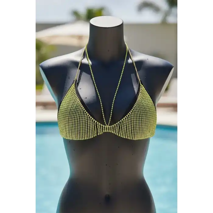 Altın Renk Yeşil Taş Detaylı Bikini Üstü /Bralet /Vücut Aksesuarı