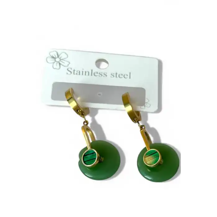 Altın Renk Yeşil Taş Detaylı Çelik Küpe (Çift)