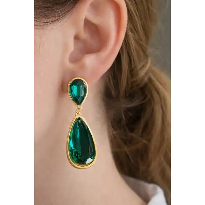 Altın Renk Yeşil Taş Detaylı Çelik Küpe (Çift)