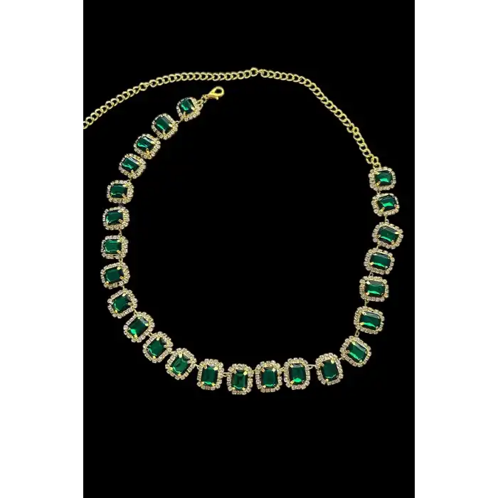 Altın Renk Yeşil Taş Detaylı Tasarım Abiye Kolye